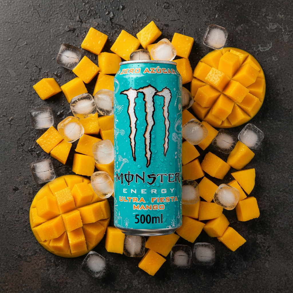 Monster Ultra Fiesta Mango 500ml flat lay with mango slices