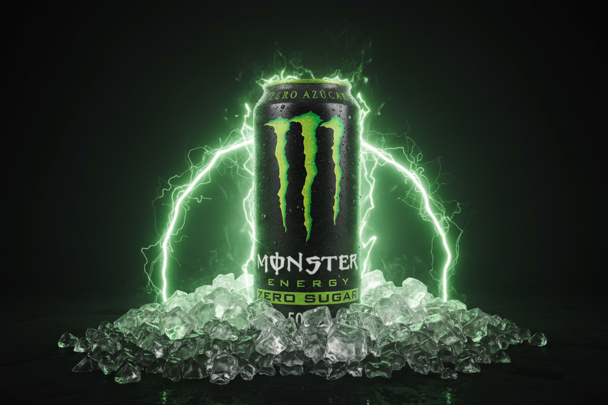 Monster Energy Zero Sugar 500ml on ice with green glow