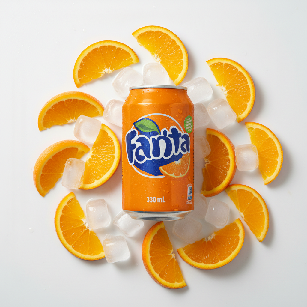 Fanta Naranja 330ml can flat lay with orange slices