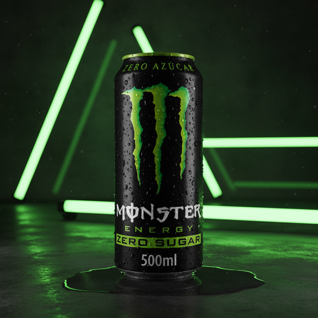 Monster Energy Zero Sugar 500ml dramatic studio shot with green neon