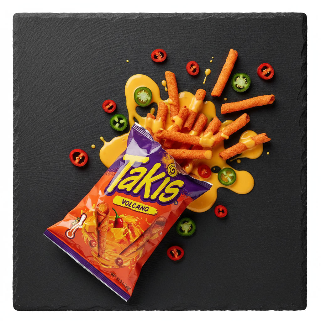 Takis Volcano flat lay with cheese and chili peppers
