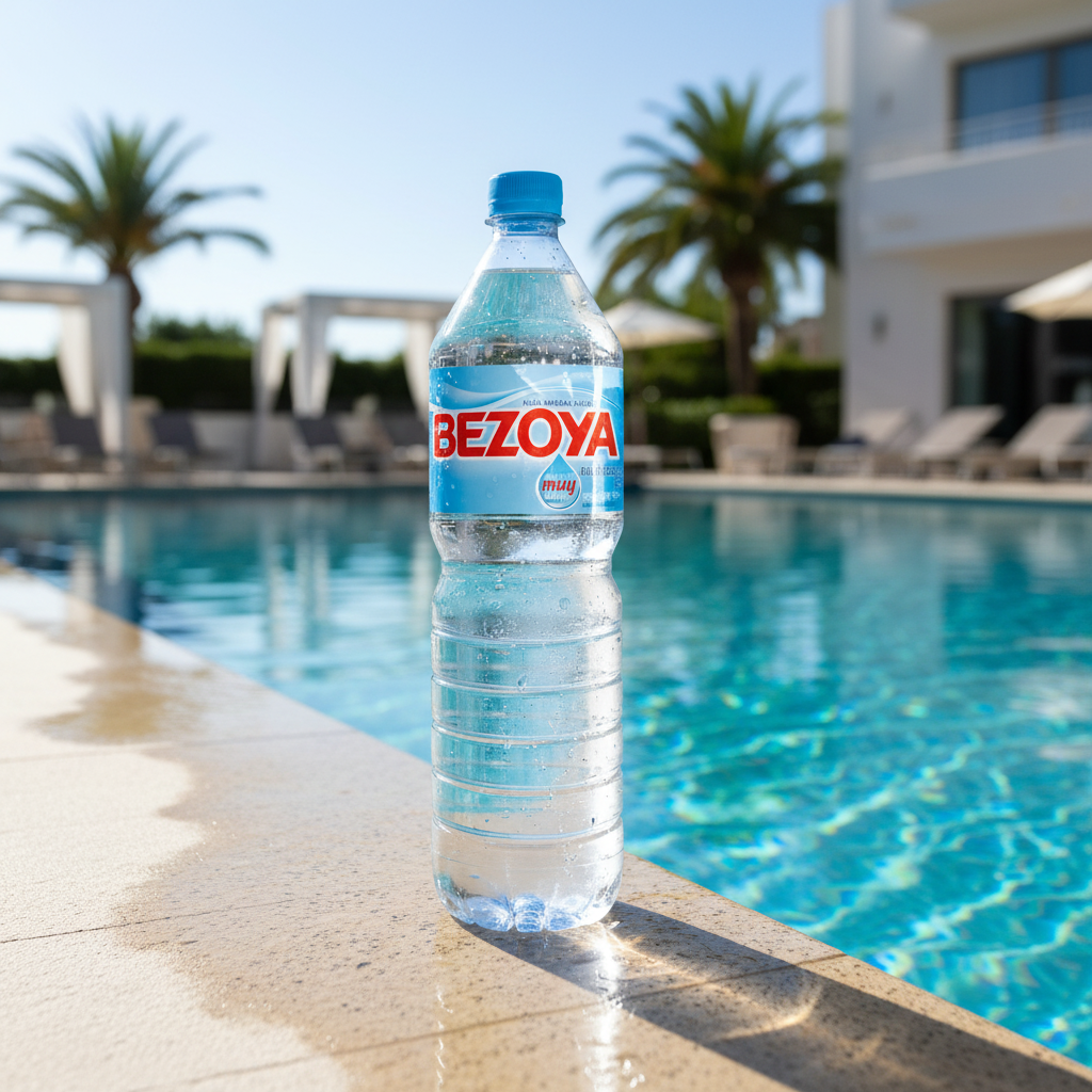 Bezoya water bottle by Mallorca hotel pool