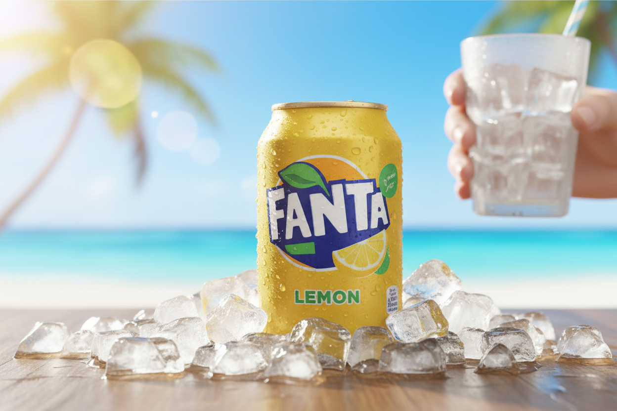 Fanta Limón 330ml can on ice lifestyle shot