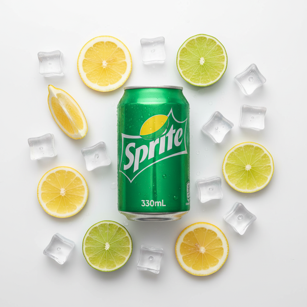 Sprite 330ml can flat lay with lemon and lime slices