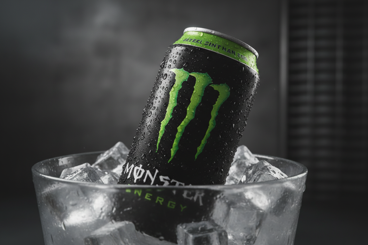 Monster Energy Original Green 500ml can on ice lifestyle shot