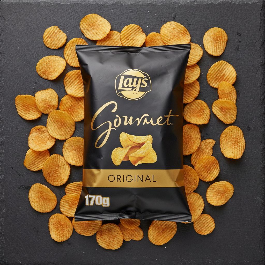 Lay's Gourmet Original 170g flat lay on dark surface