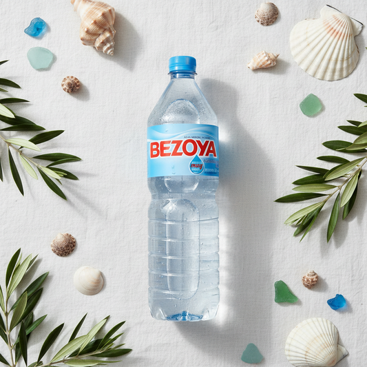 Bezoya water bottle coastal flat lay