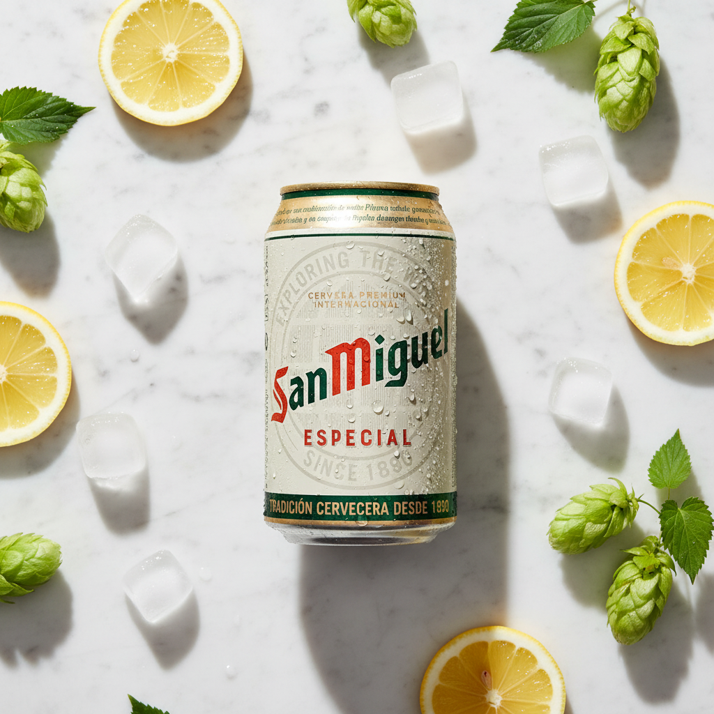San Miguel Especial flat lay with ice and lemon