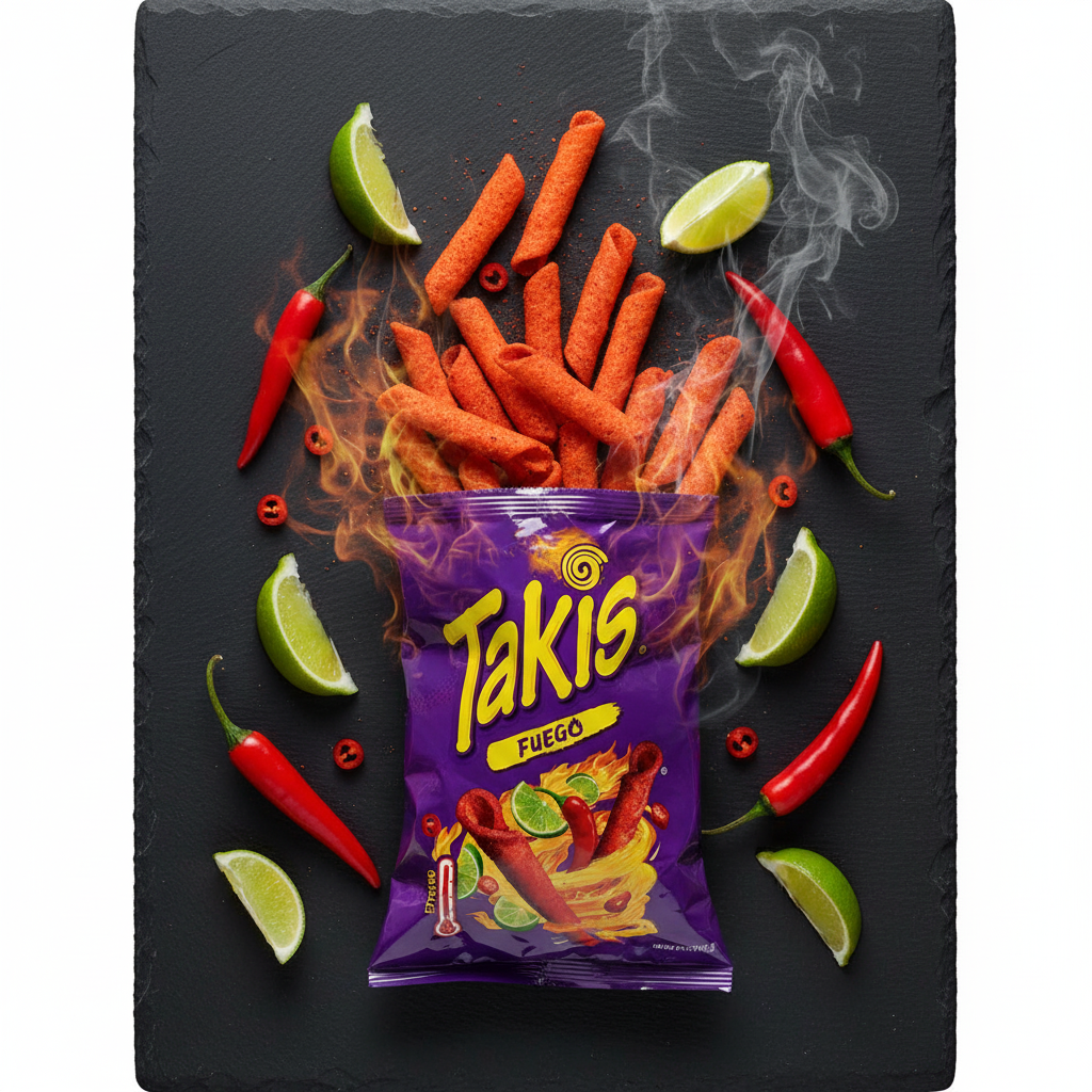Takis Fuego flat lay with chili peppers and lime