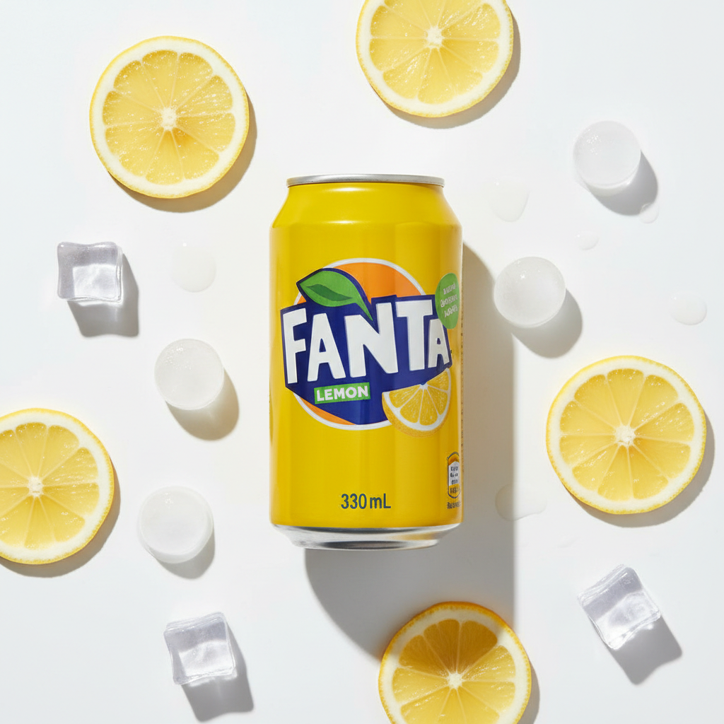 Fanta Limón 330ml can flat lay with lemon slices