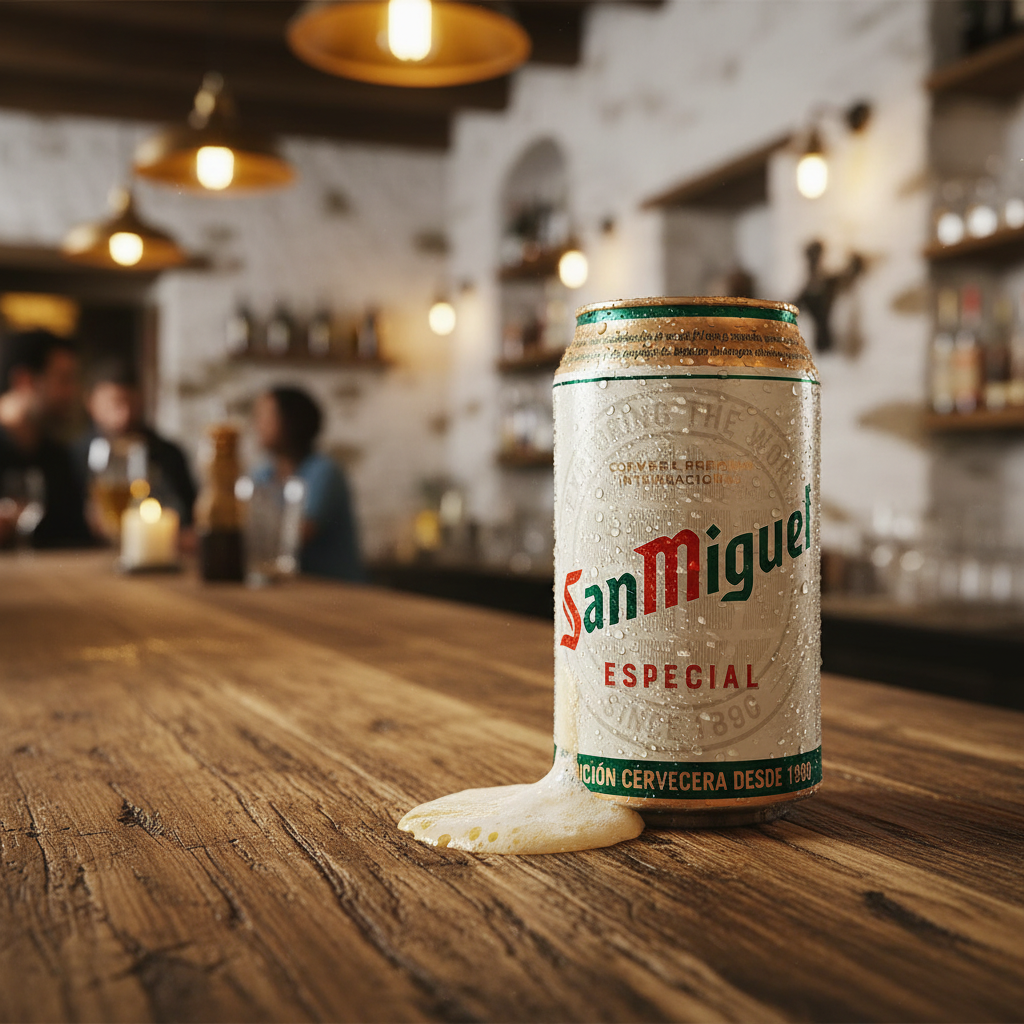 San Miguel Especial cold can on bar counter