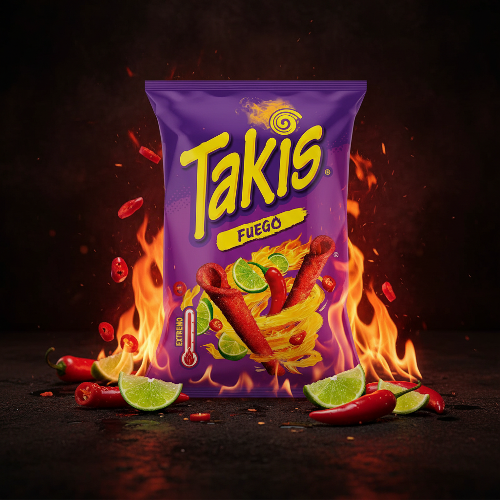 Takis Fuego dramatic fire and chili lifestyle shot