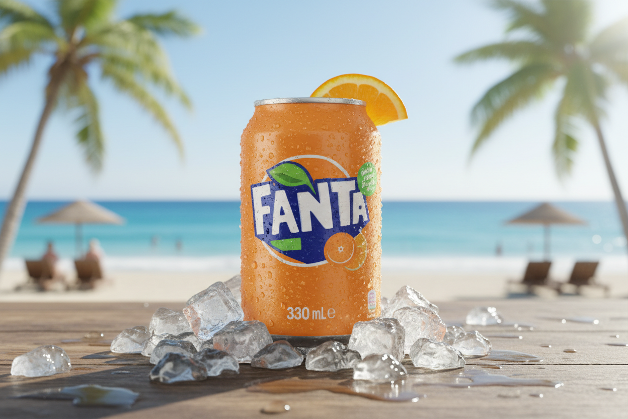 Fanta Naranja 330ml can on ice lifestyle shot