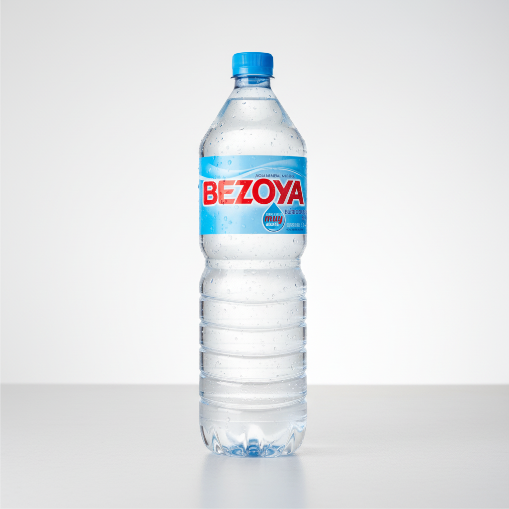 Bezoya water bottle close-up label
