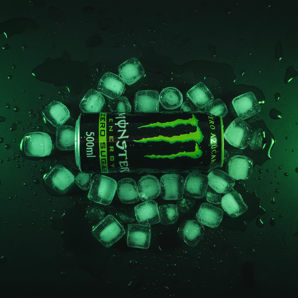 Monster Energy Zero Sugar 500ml flat lay with ice